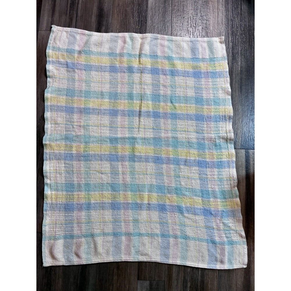 Beacon Baby Pastel Plaid Stripe Knit Waffle Weave Blanket USA Vtg